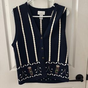 Navy Embroidered Button-Up Vest